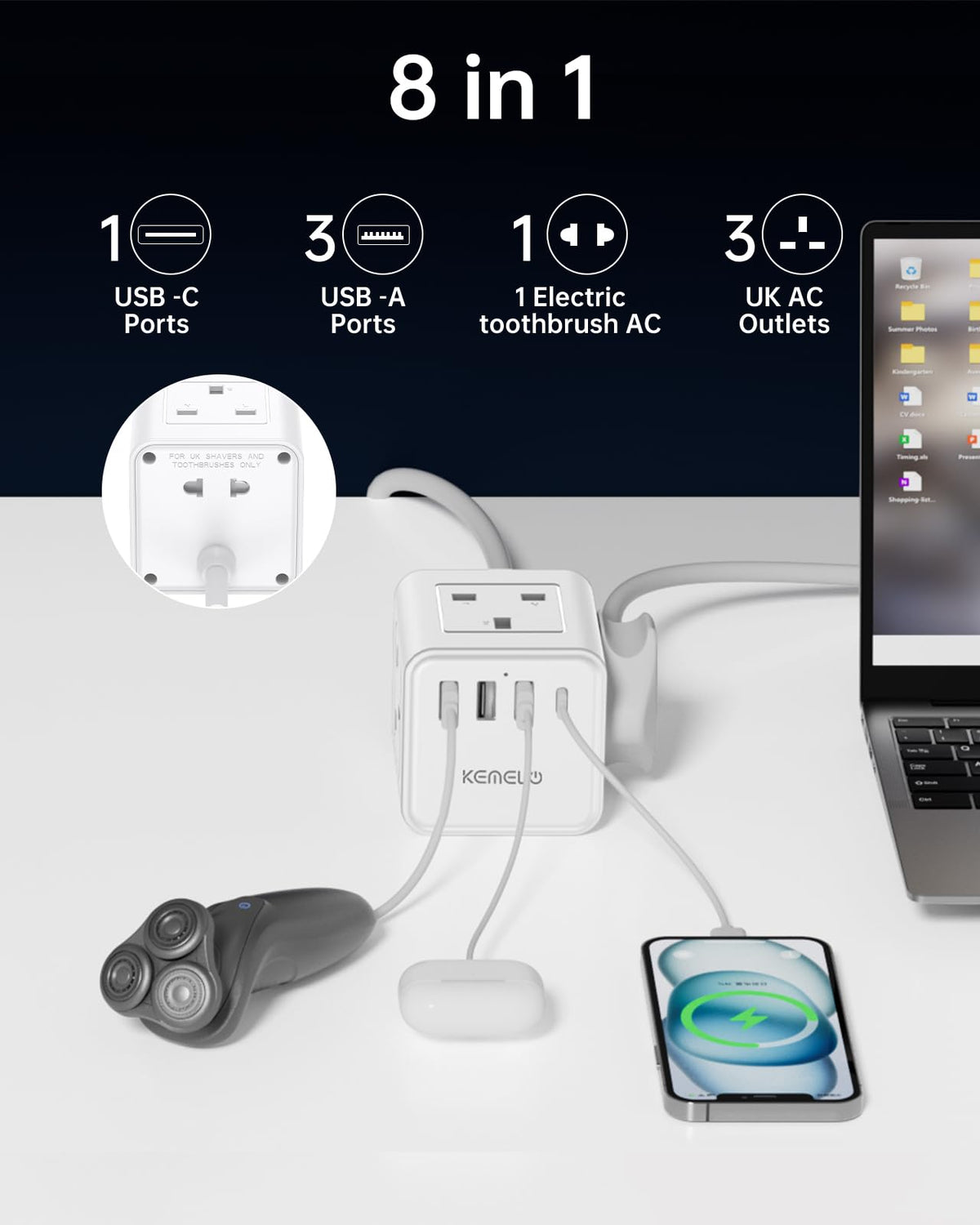 PD20W Cube Extension Lead with 4 USB Slots, Kemelo 4 Way (13A/3250W) Multi Plug Extension Cable with Child Safety UK Desktop Power Extension Socket,1.5M Extension Cords for Home Dorm Office