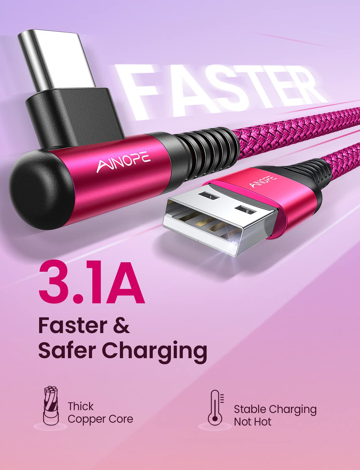 AINOPE 2-Pack 0.5ft USB C Cable, 3.1A Fast Charging, Right Angle, Durable Nylon Braided, Compatible with Galaxy S22 S21 Plus S20, Note 10 9 LG, Type C Charger