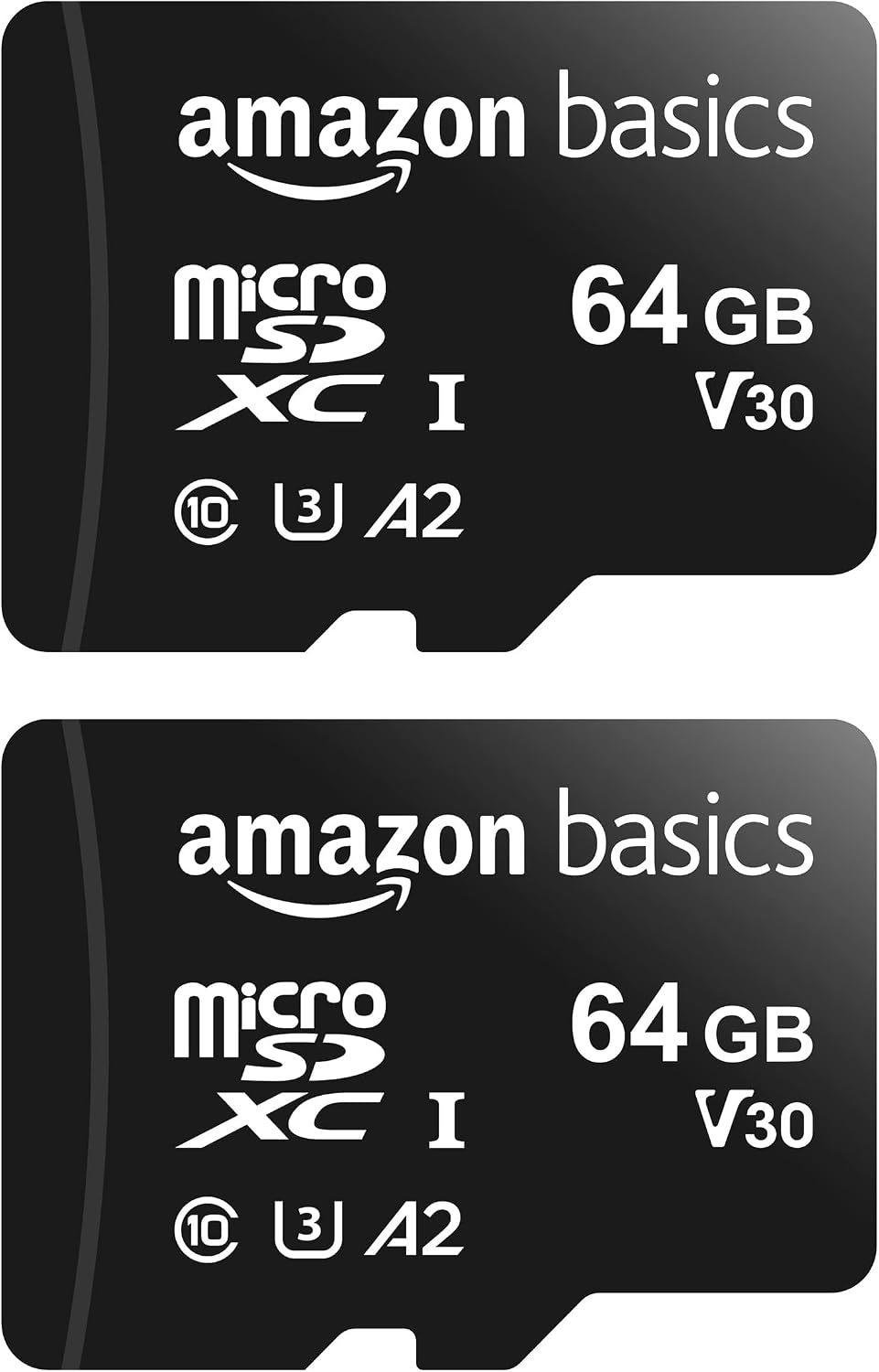 Amazon Basics microSDXC Memory Card, 64GB, A2, U3, 100MB/s Read Speed, Black, 2-Pack