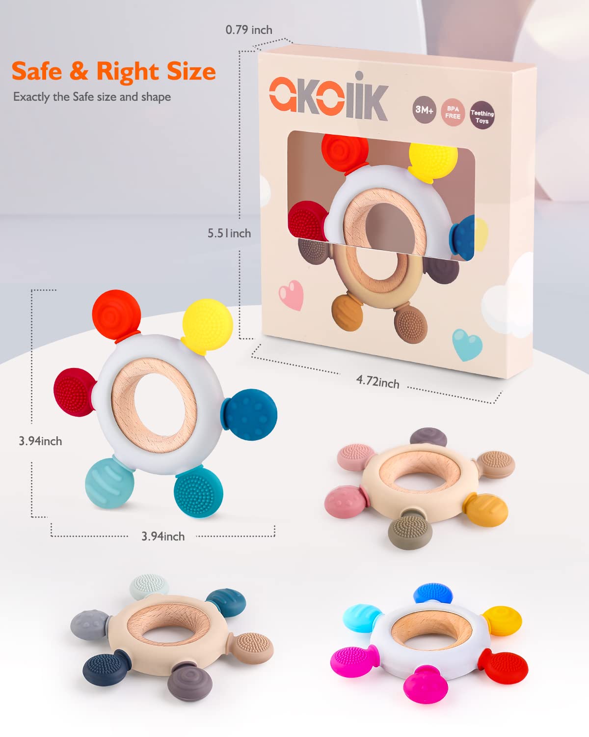 akolik Teething Toys for Baby,Teething Relief Teether Toys for Babies 3-6-12 Months, Silicone Sensory Wooden Teething Toys, BPA-Free,Baby Essentials for 3-6 Months Boy, Girl Toddlers