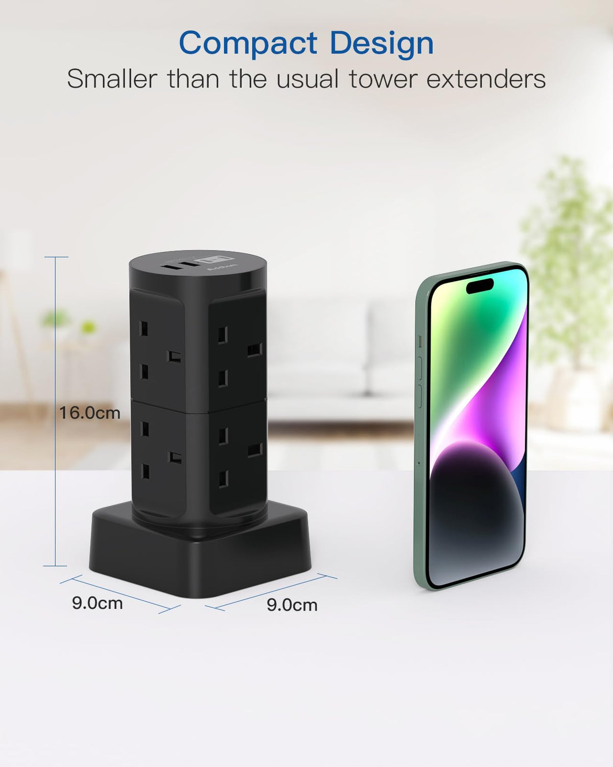 Tower Extension Lead with USB Slots, 8 Way Multi Plug Extension Tower &4USB