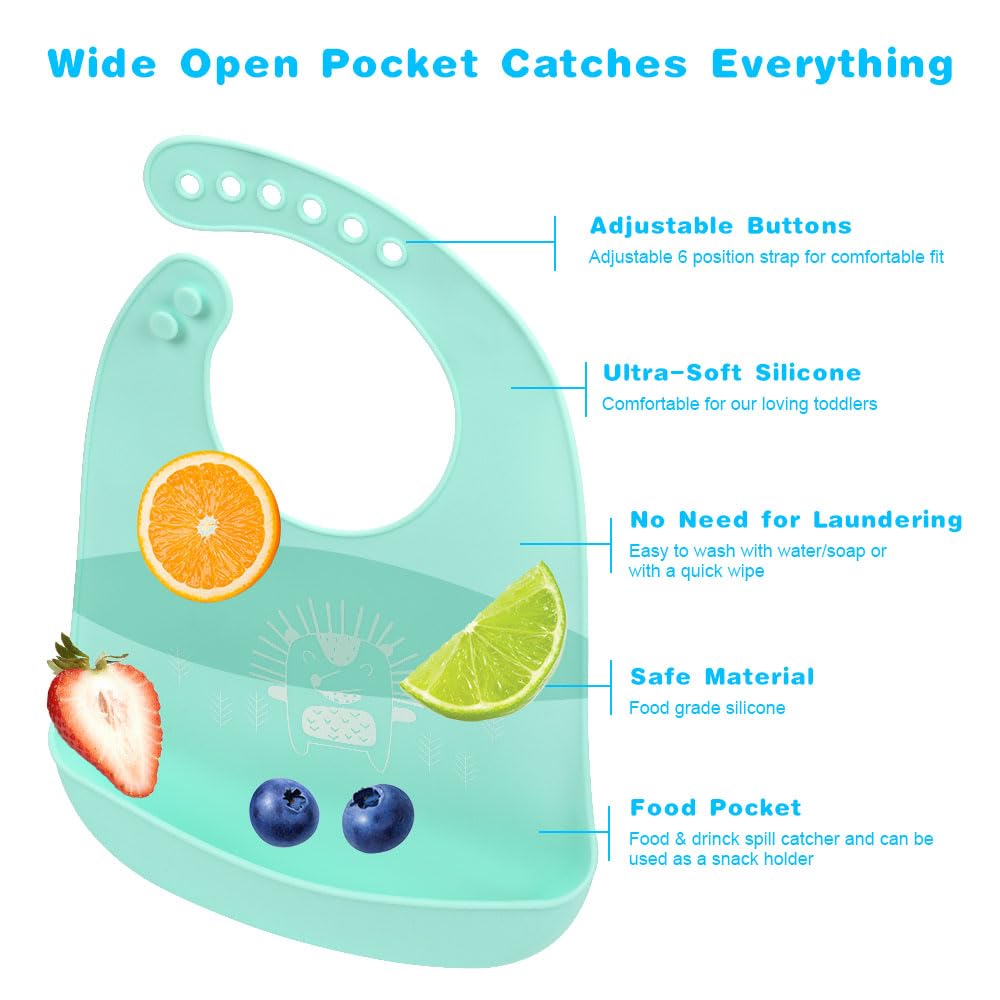 Vicloon Silicone Baby Bib, Baby Weaning Bibs, Waterproof Baby Feeding Bibs Adjustable with Wide Food Catcher Pocket Unisex Toddler Bibs