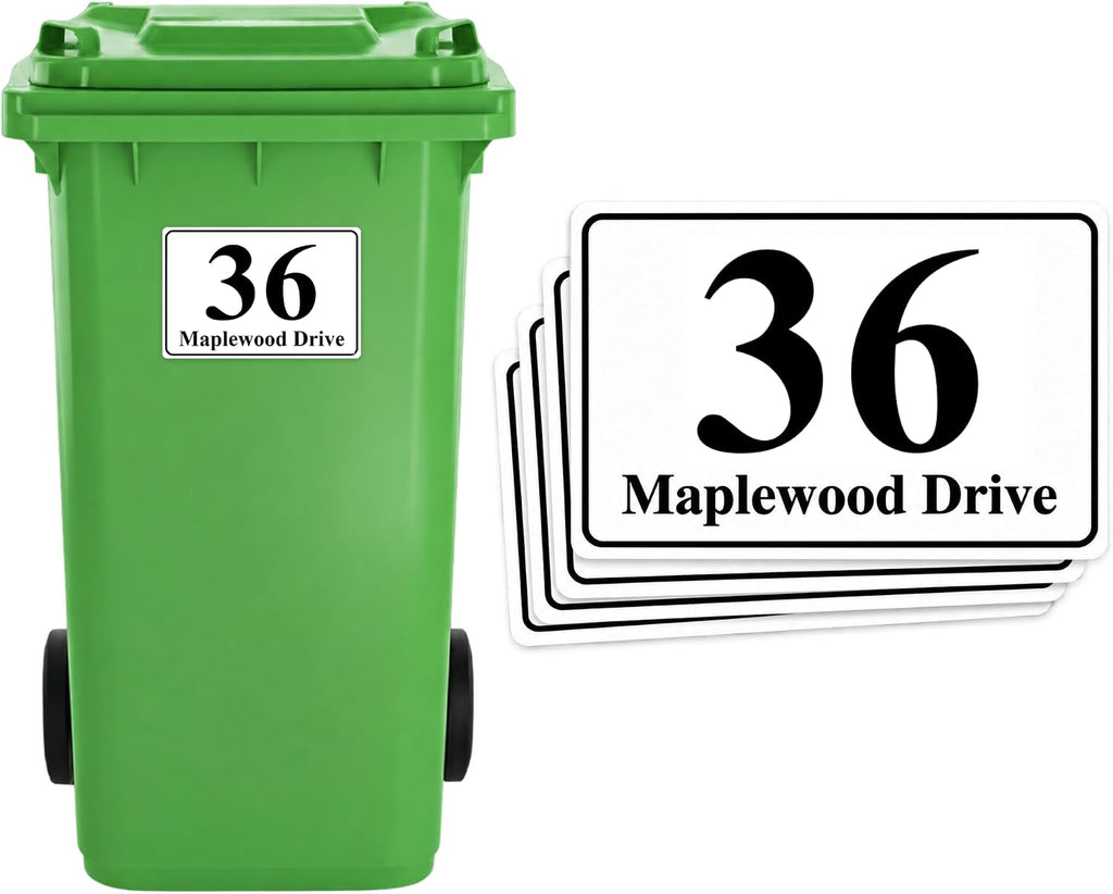 Set of 4 Personalised Wheelie Bin Stickers, Custom Bin Number Stickers with House Number and Street Name, Waterproof Labels for Rubbish and Recycling Bins, Easy Apply, 100 x 150mm (Style - Classic)