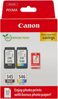 Canon Ink & Paper Multipack - PG-545/CL-546 genuine printer ink cartridges 2 pack (1 x black, 1 x colour) & 4x6 photo paper (50 x sheets) for TS3350, TS4550, TS3450, TS3150, TR4650, MX495