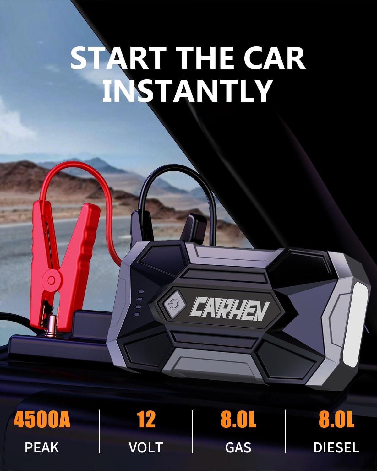 4500A Jump Starter Power Pack, Car Battery Booster Jump Starter Power Bank (up to 8.0L Gas or 8.0L Diesel Engine), Portable Car Starter with LED Flashlight, Jump Pack with Jump Leads
