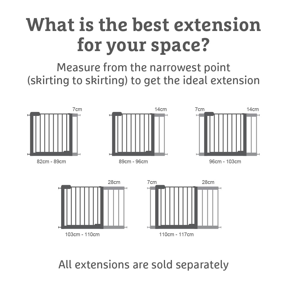 Munchkin Stair Gate Maxi Secure Toddler & Baby Gate 76-82cm extends up to 117cm with separately sold extensions | Pressure Fit Baby Safety & Dog Gate for Doorways | No-Screw Install Child Gate, White