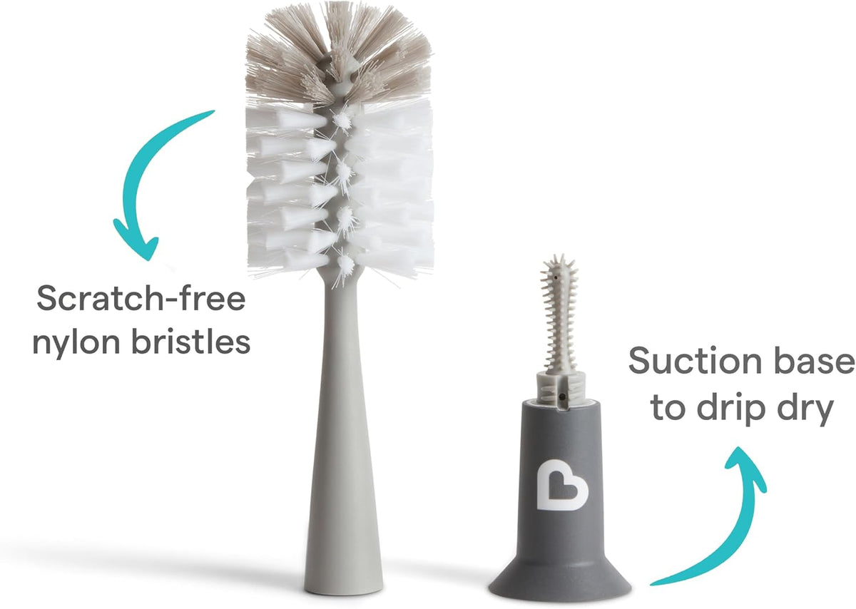 Munchkin 2 Pack Bristle Bottle Brushes for Baby Cups | Built-in Teat | Grey