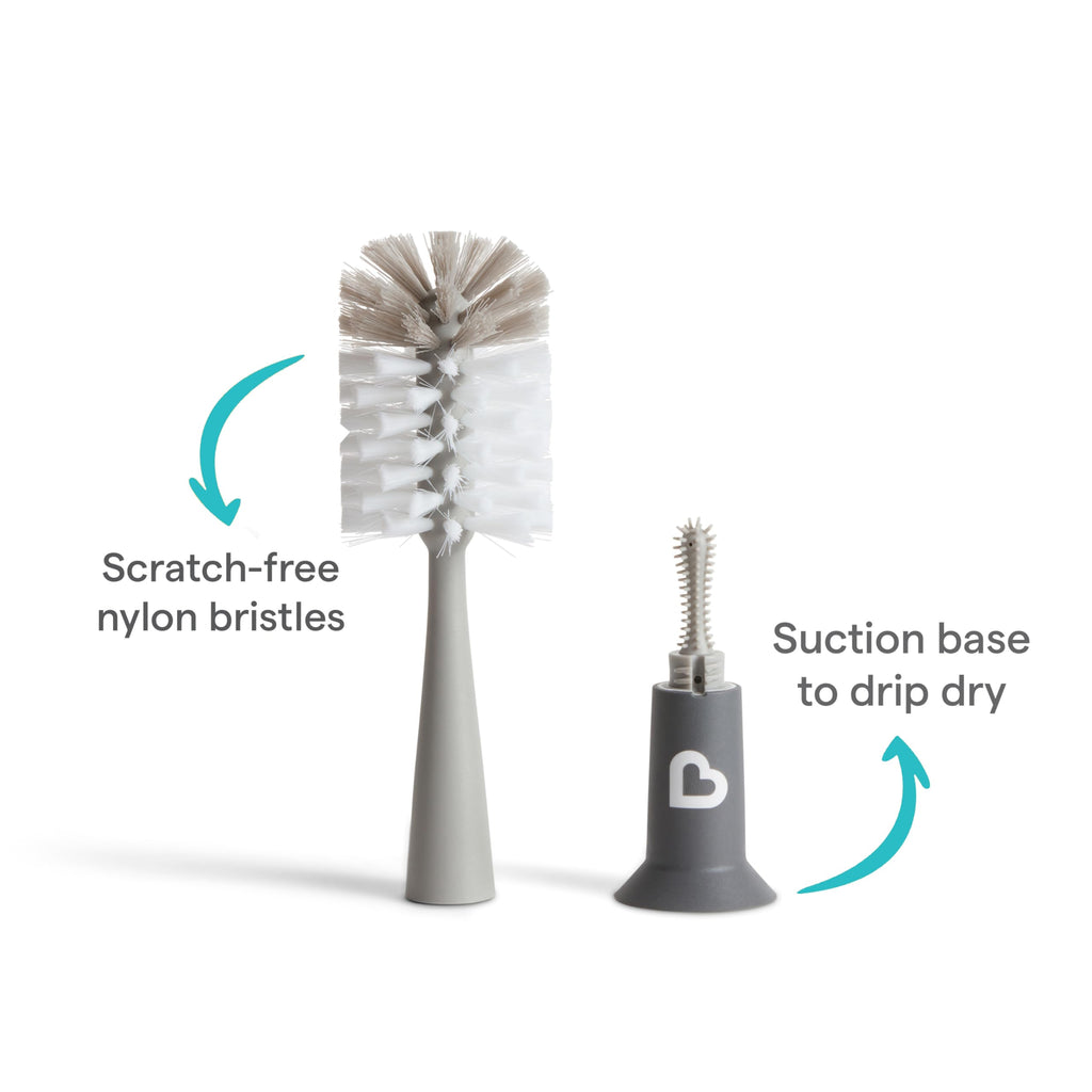 Munchkin 2 Pack Bristle Bottle Brushes for Baby Cups | Built-in Teat | Grey