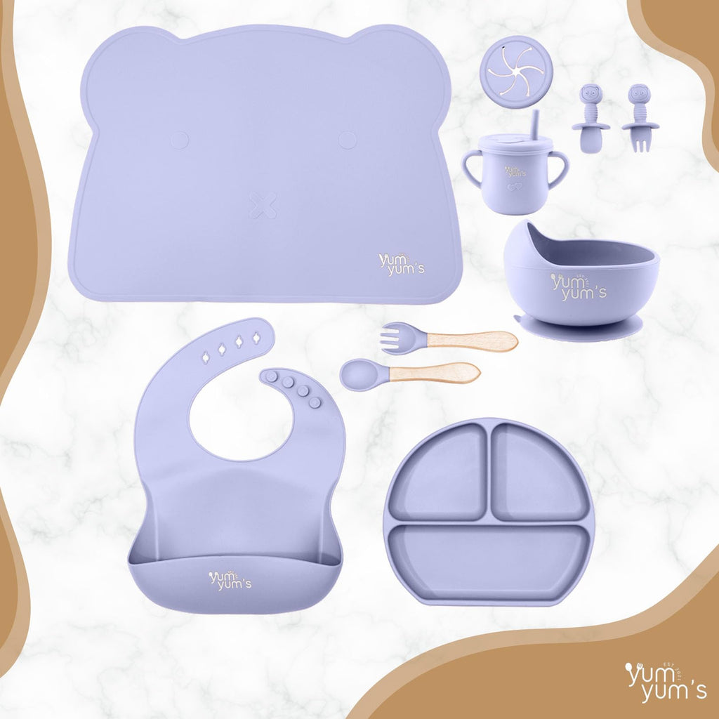 Yum Yum's Baby 10 Pcs Blue Weaning Set - Complete Toddler Feeding Kit w/Sectioned Plate, Suction Bowls, Cutlery with Mouth Guard, Straw Cup, Bib & Mat - Non-Slip - for Toddlers & Baby Gift