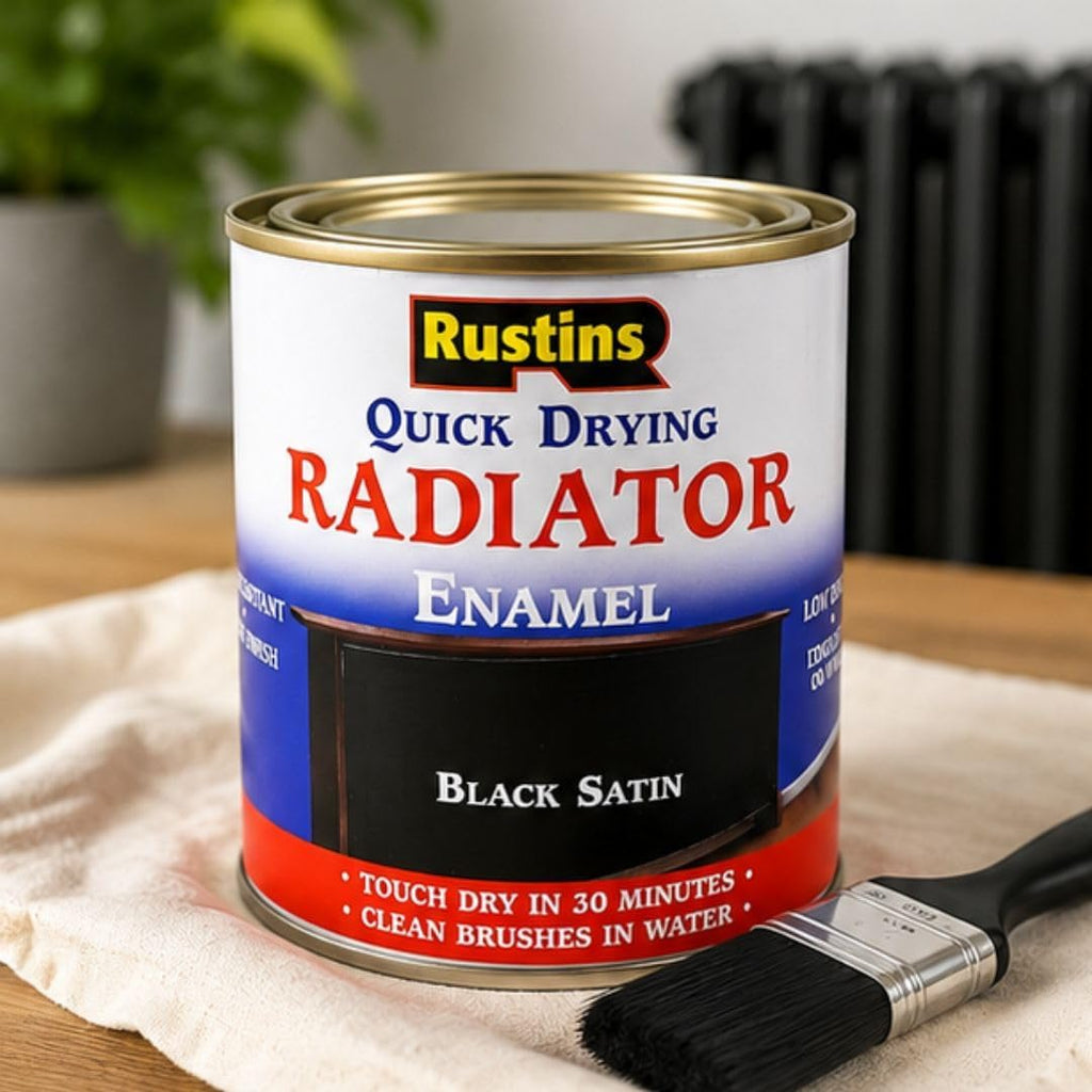 RUSTINS Quick Drying Radiator Enamel Satin - Black 250ml – Durable, Long-Lasting Finish for Radiators That Stands the Test of Time