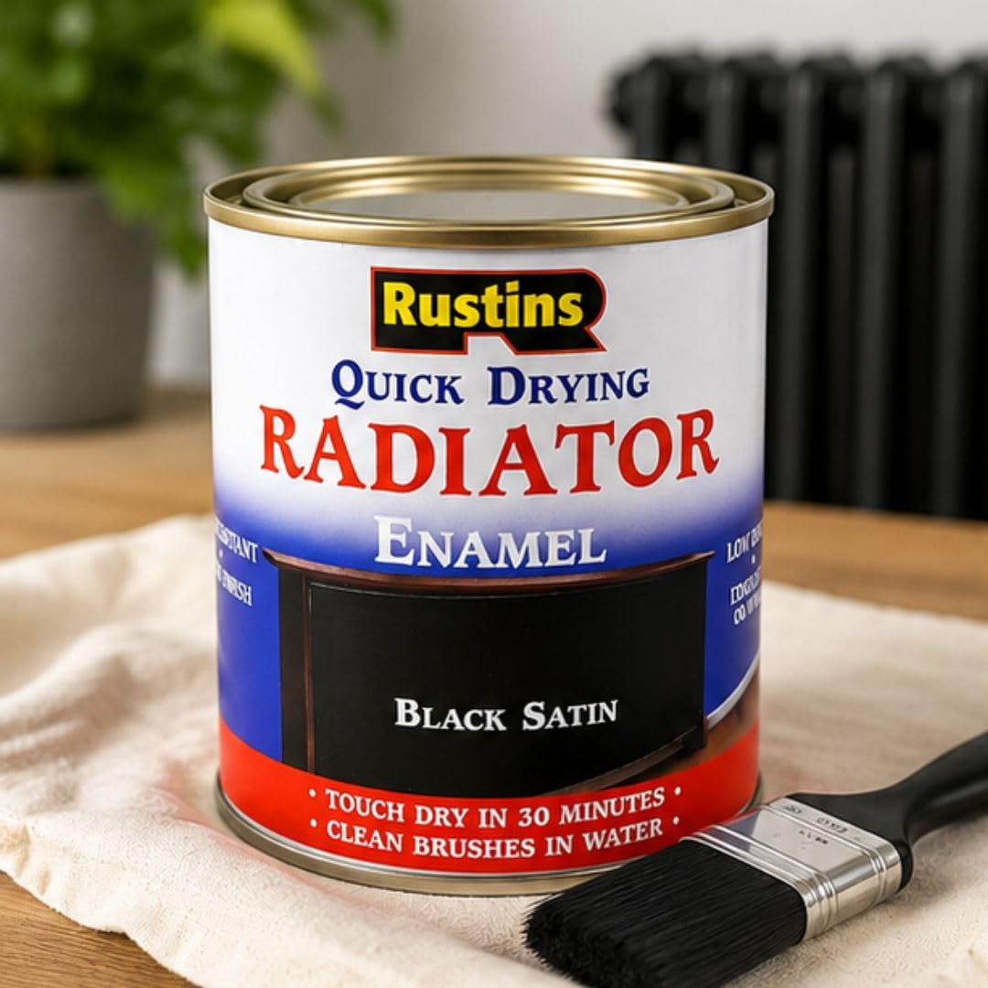 RUSTINS Quick Drying Radiator Enamel Satin - Black 250ml – Durable, Long-Lasting Finish for Radiators That Stands the Test of Time
