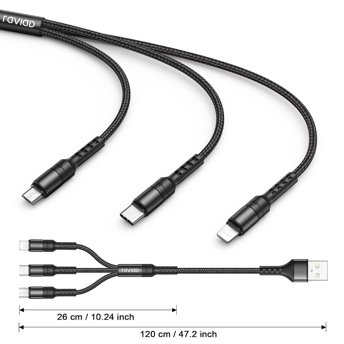 RAVIAD Multi Charger Cable, 3 in 1 Charger Cable 3A USB Fast Charging Cord