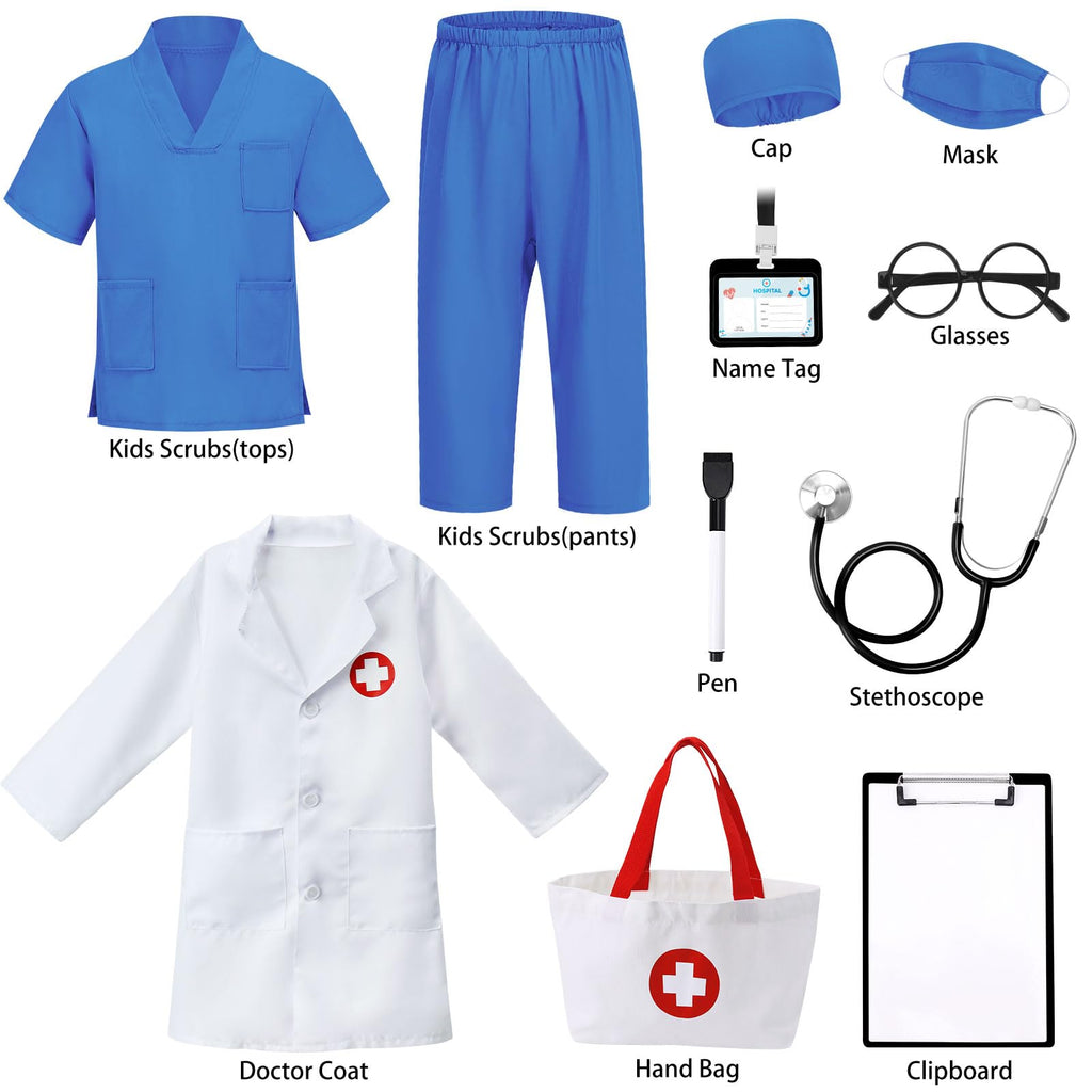 12 PCS Doctor Costume for Kids,Scrubs Nurse Costume for Girls Boys