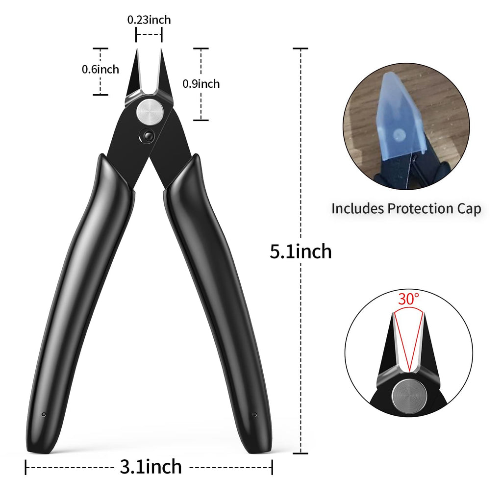 BOENFU Wire Cutter 2 Pack Precision Flush Cutters Side Cutter Small Cable Snips Diagonal Pliers for Cable Tie, 3D Print, Plastic Models, Jewelry, Electronics, Black, 5 Inches