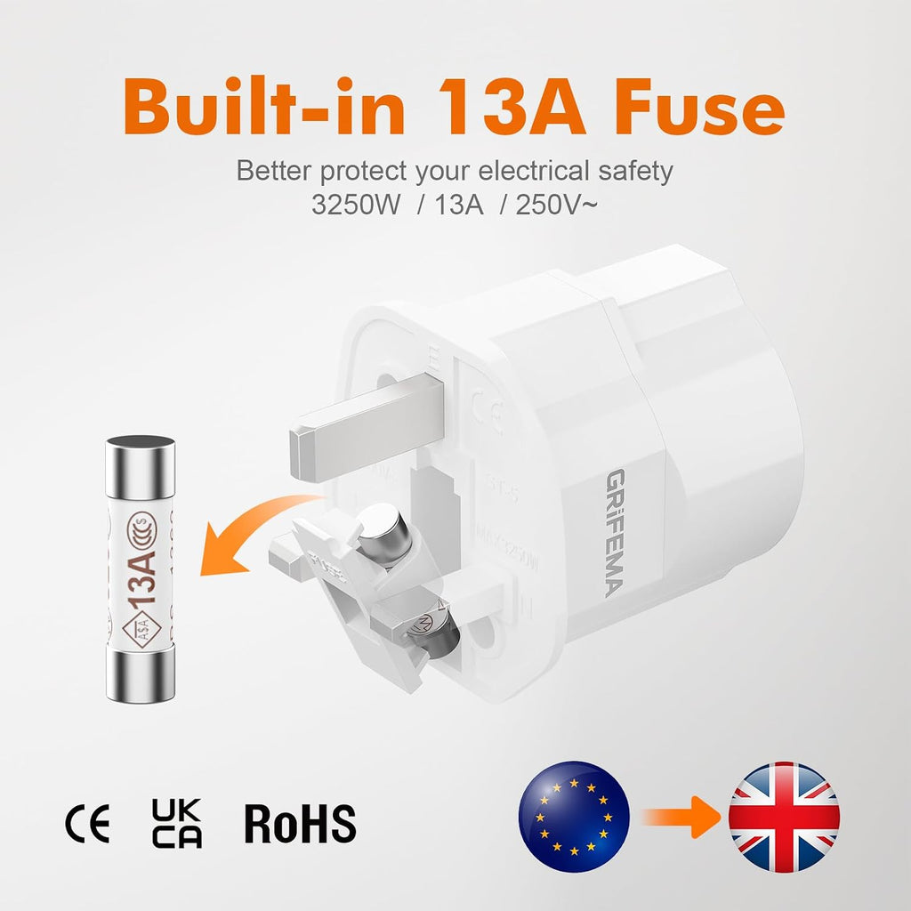 GRIFEMA EU to UK Plug Adapter with 13A Fuse 2 Pack