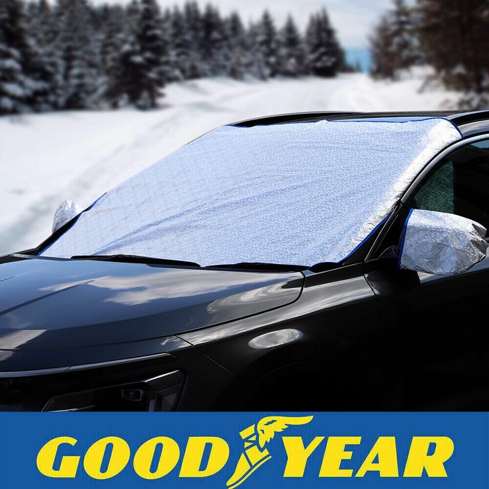 Goodyear Quilted Car Windscreen Cover | Wing Mirror Covers | Heavy Duty Windproof | Protect from Sun Shade Snow Frost Freezing Windshield | Universal Fit