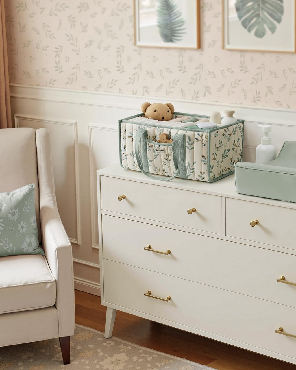 Blissful Diary Nappy Caddy Organiser, Baby Diaper Caddy for Nappy Station, Stylish Storage Basket for Newborn Essentials, Baby Shower Gifts for Girl or Boy, Sage Green
