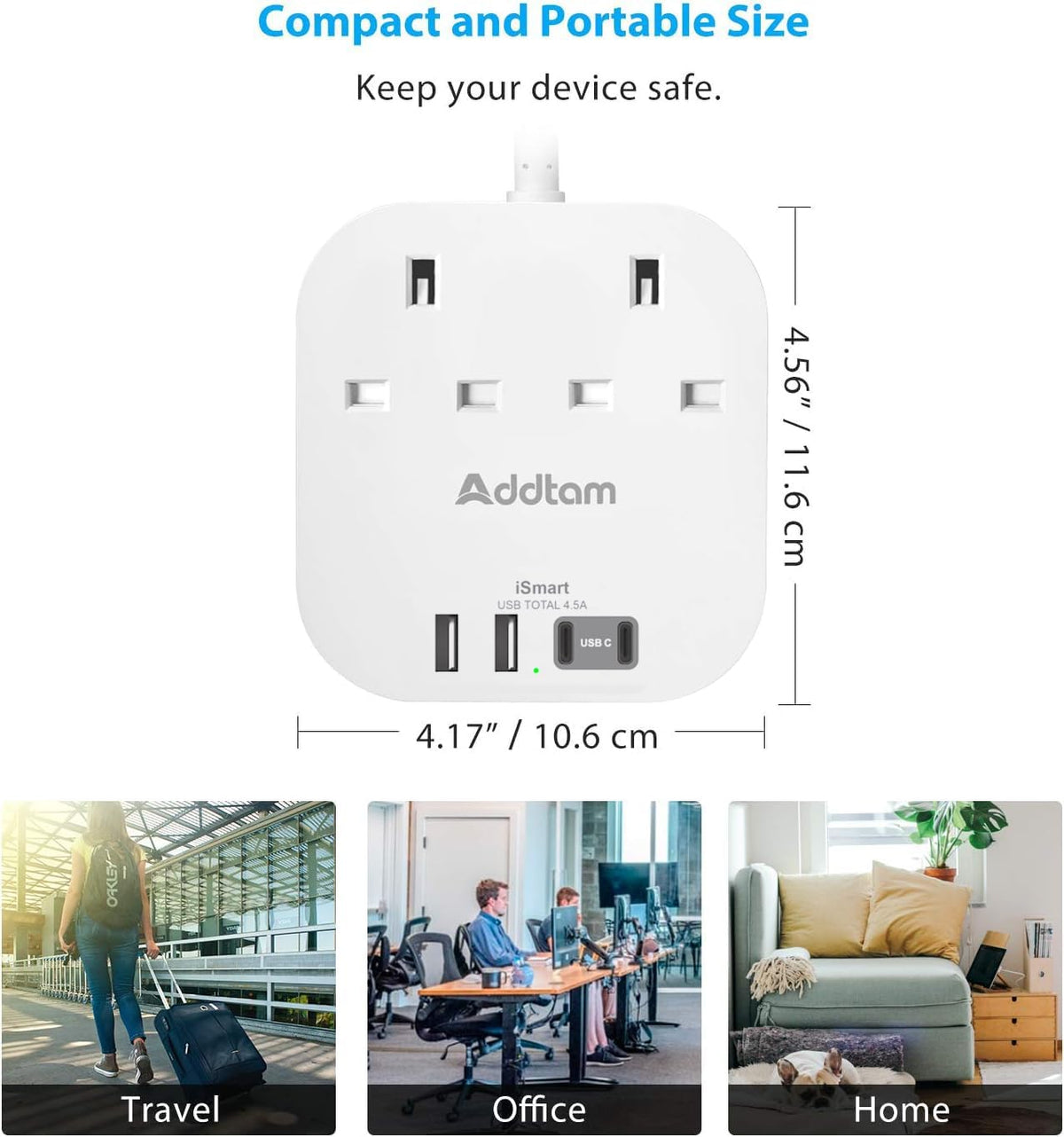 Extension Lead, Power Strips with 2 Way Outlets 4(4.5A, 2 Type C & 2 USB-A)