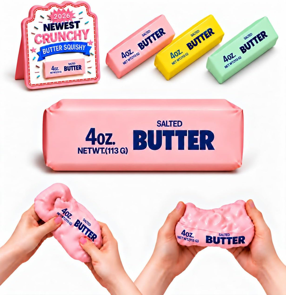 Crunchy Butter Squishy, Soft Squeeze Sensory Fidget Toy with Crunchy ASMR Texture, Butter Stick Stress Relief Toy, Fun Novelty Gift for Kids Teens and Adults, Pink