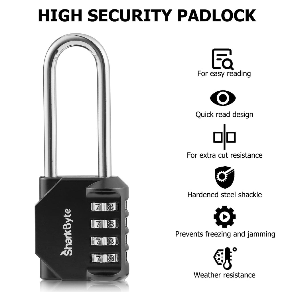 SharkByte Heavy Duty Combination Padlock – 4-Digit Weatherproof Outdoor Lock with Stainless Steel Shackle, Anti-Rust Resettable Code for Gym, School, Locker, Shed, Toolbox, Gate & Warehouse - Purple