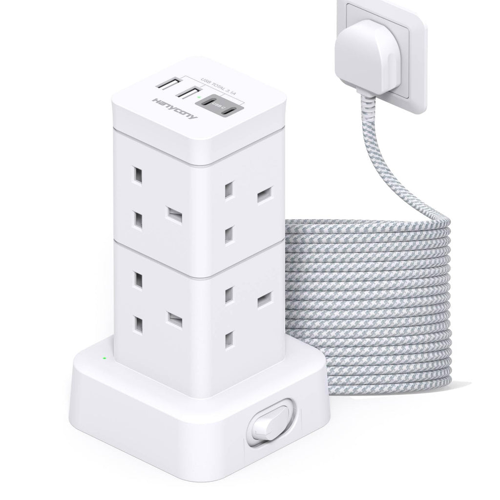 3M Tower Extension Lead with 2 USB C Slots, 8 Way Outlets Power Strip, 10Ft