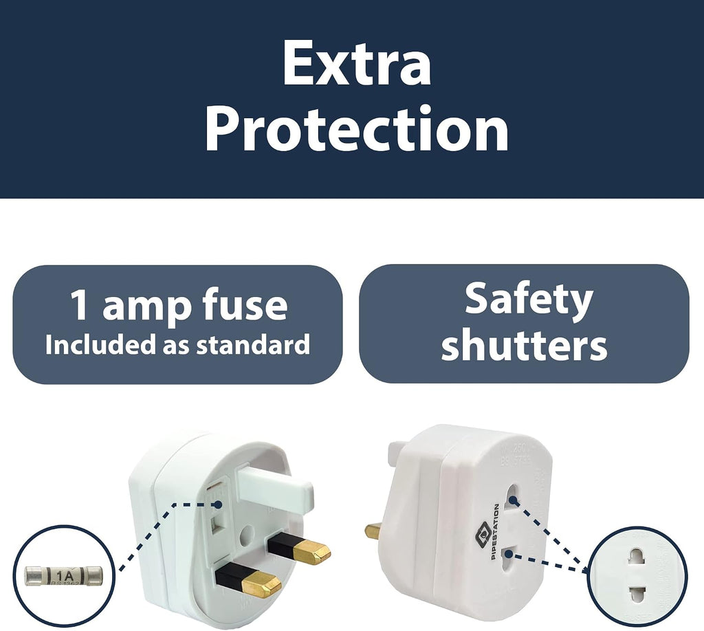 Pipestation Shaver Plug Adaptor UK – 2 Pin to 3 Pin Toothbrush Adapter Plug, 1A Fused Converter for Oral-B, Philips, Braun and Remington Chargers – White