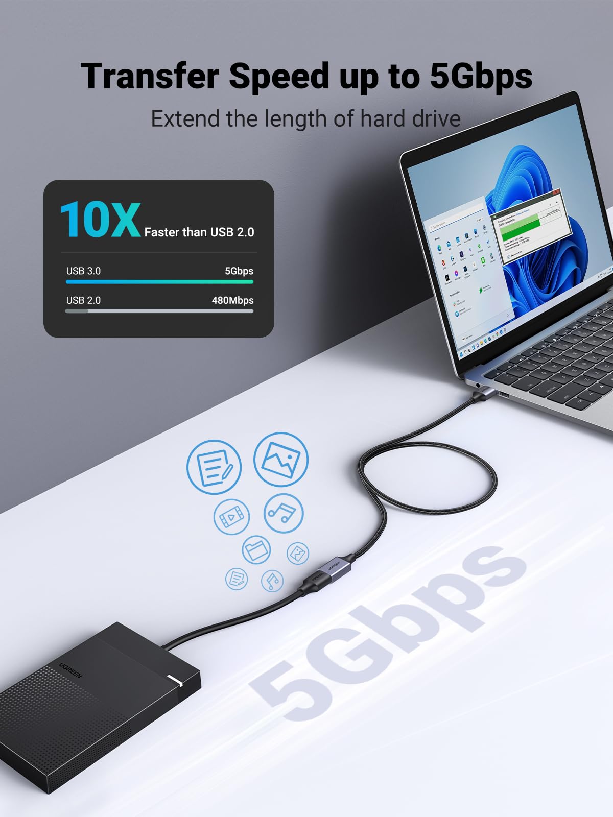 UGREEN USB 3.0 Extension Cable A Male to A Female Aluminium 5Gbps 1M
