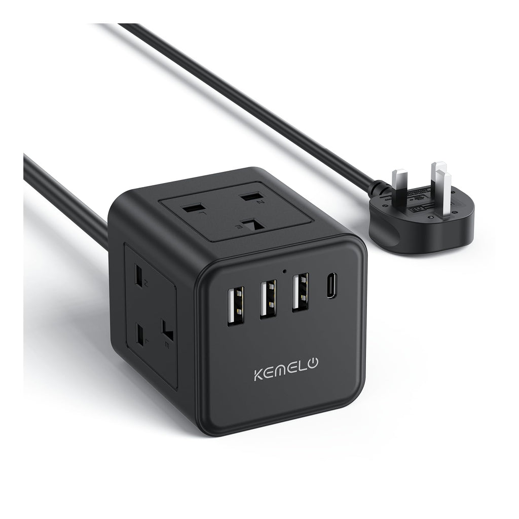 PD20W Cube Extension Lead with 4 USB Slots, Kemelo 4 Way (13A/3250W) Multi Plug Extension Cable with Child Safety UK Desktop Power Extension Socket,1.5M Extension Cords for Home Dorm Office