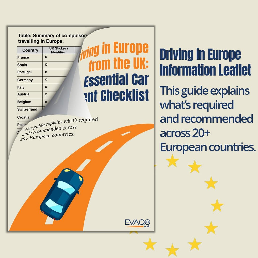 EVAQ8 Europe Travel Driving Kit 2026 Includes the Four Core Items UK Cars Must Carry When Travelling to France, Italy, Germany, Spain: UK Sticker, Warning Triangle, Vests, Headlamp Beam Converters