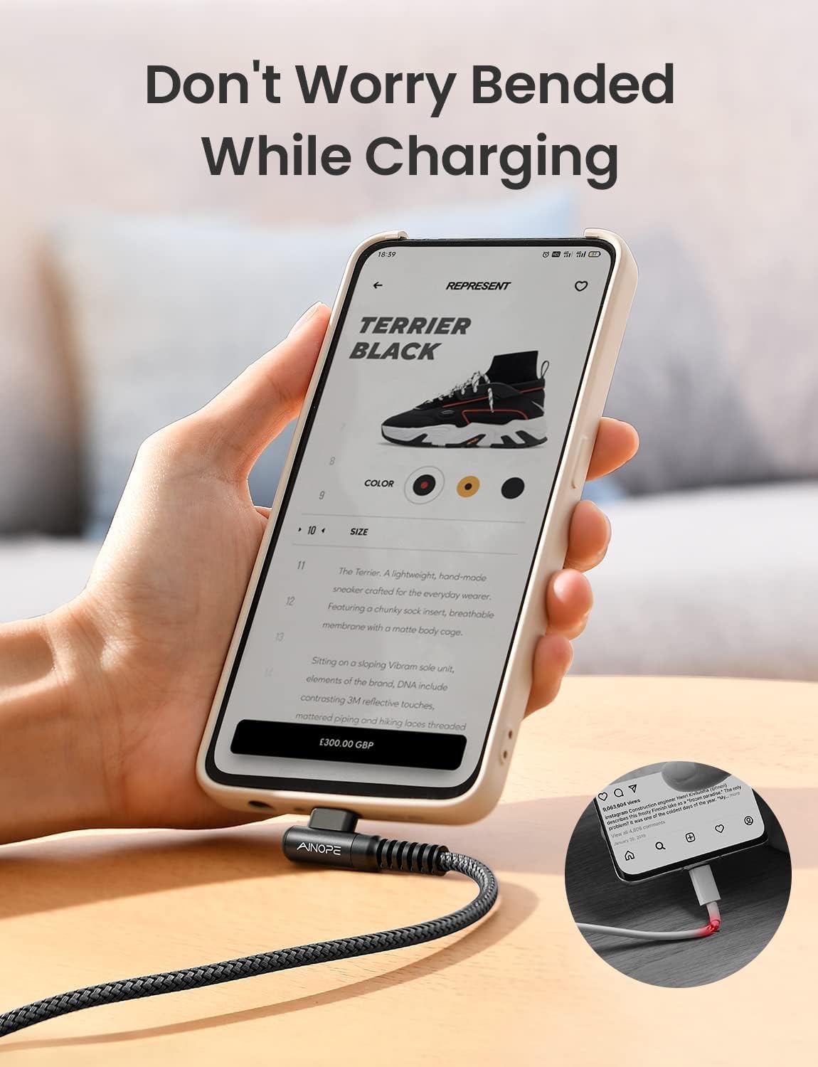 AINOPE 2-Pack 0.5ft USB C Cable, 3.1A Fast Charging, Right Angle, Durable Nylon Braided, Compatible with Galaxy S22 S21 Plus S20, Note 10 9 LG, Type C Charger
