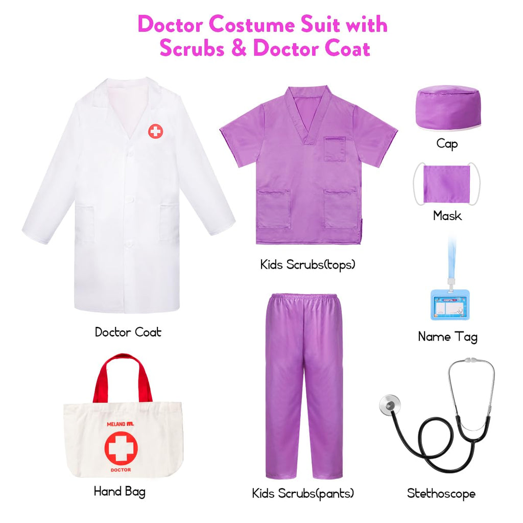Meland Doctor Costume for Kids 3-10, Pretend Play Career Dress Up with Bag
