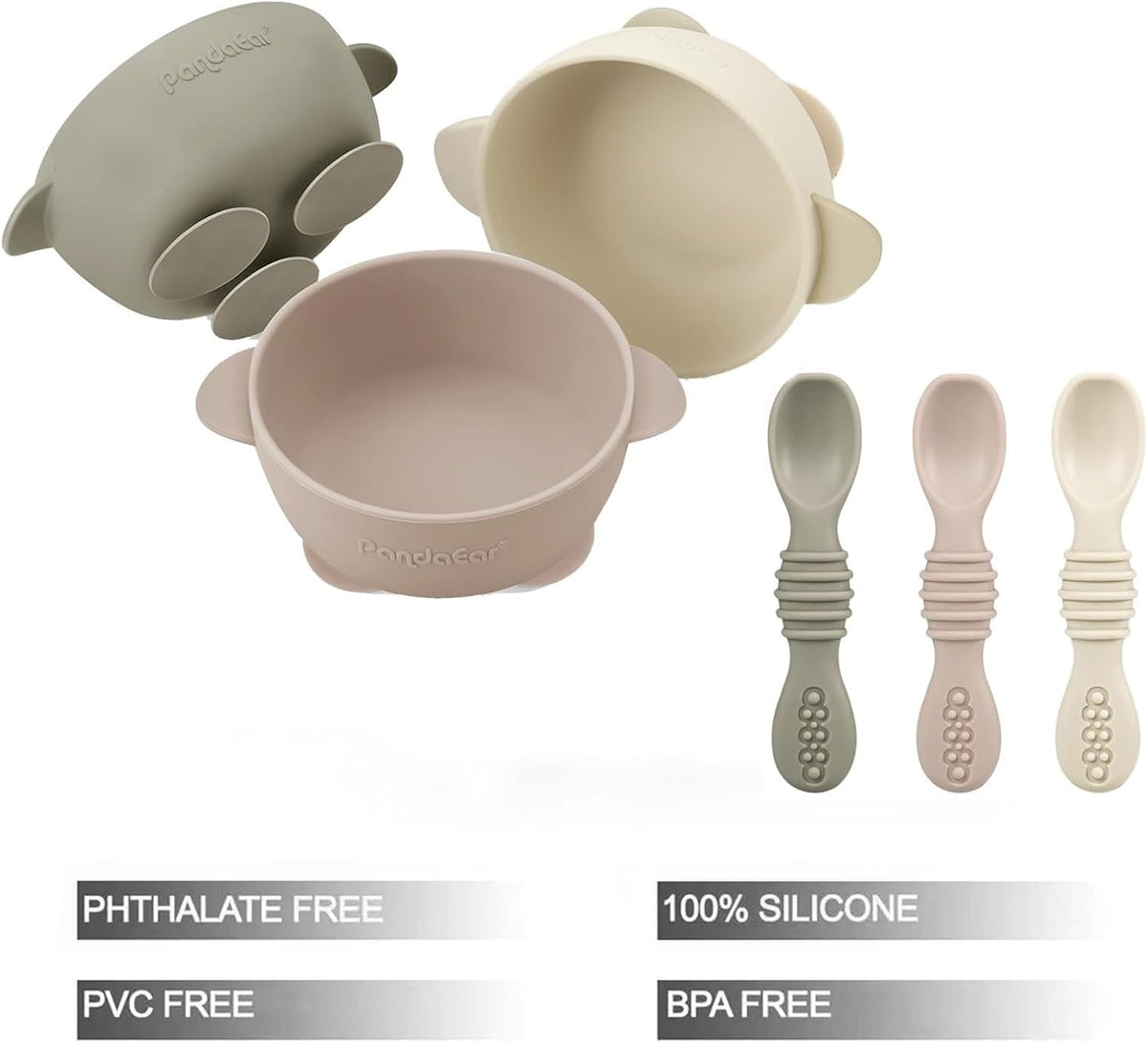 PandaEar 3 Pack Baby Suction Bowls with 3 Spoons, Stay Put Silicone Food Bowl Babies Led Weaning Supplies for Kids Toddlers, BPA-Free (Linen Brown Tan)