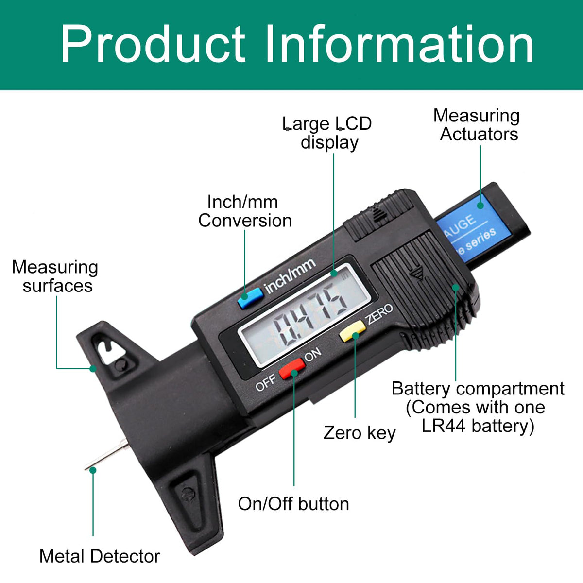 Digital Tire Tread Depth Meter, 0-25.4mm / 1Inch Tyre Guage-black