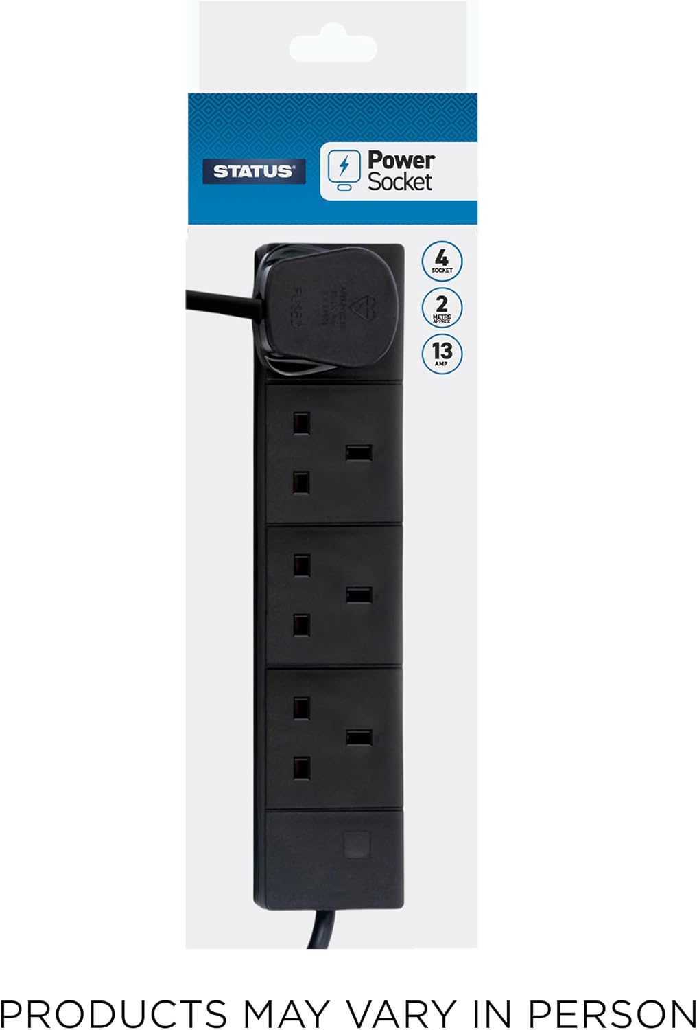 STATUS 4 Socket Extension Lead, 2m Black 13A Power Strip for Home or Office Use (S4W2MBL1PK4)