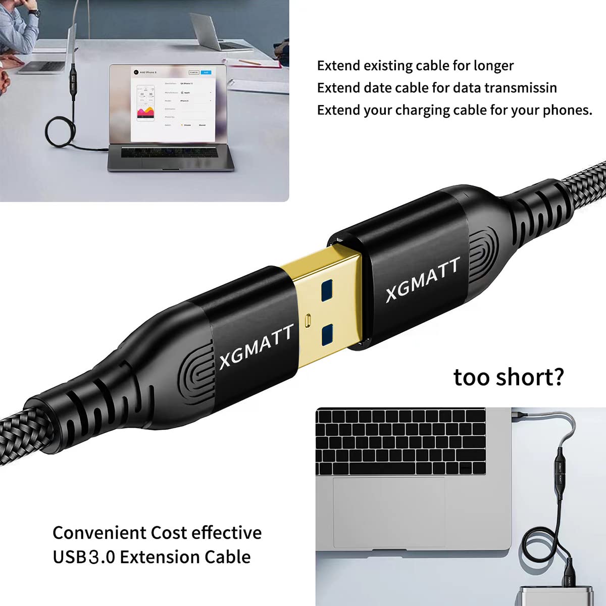 USB 3.0 Extension Cable 1M 2Pack USB Extender Male to Female,Black