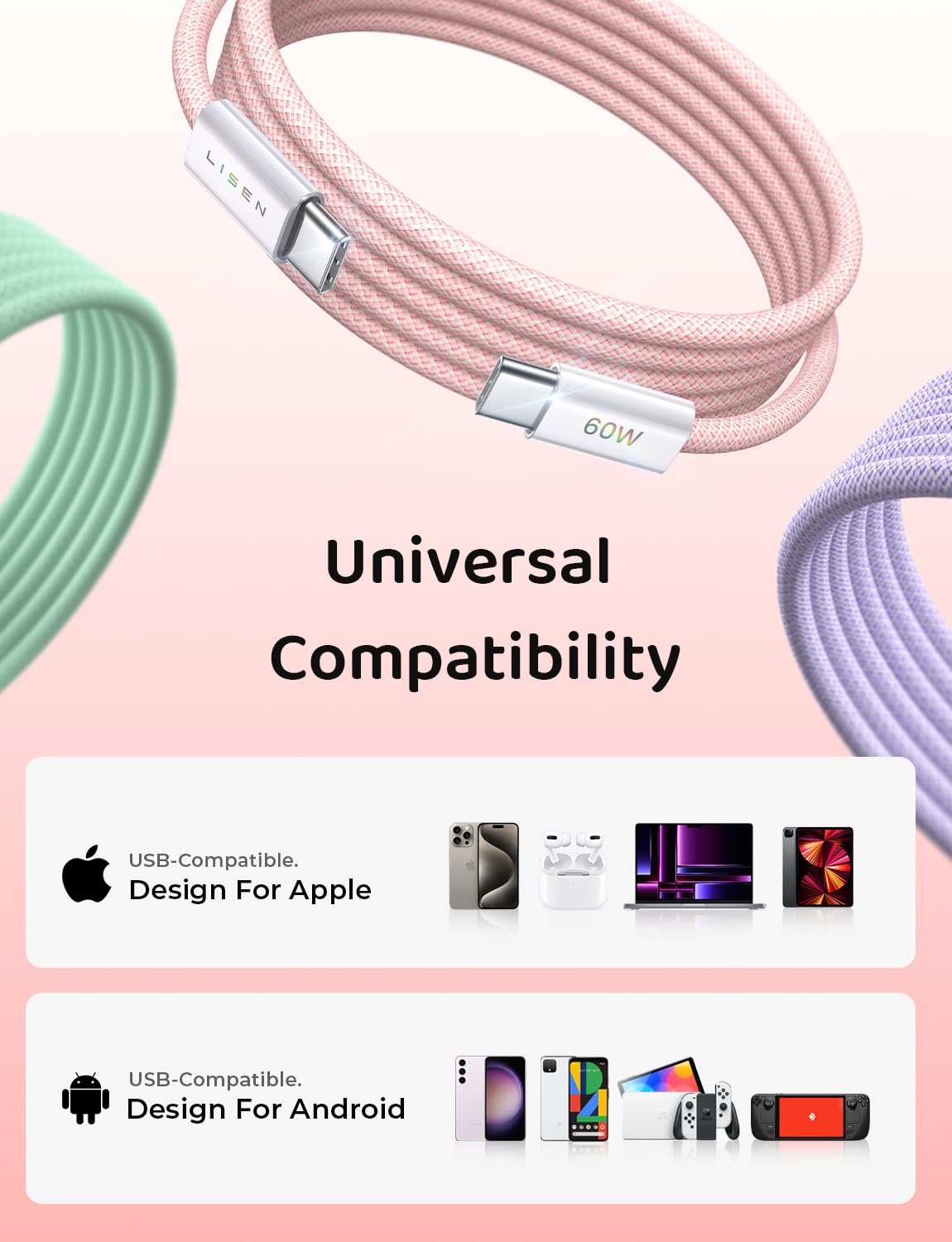LISEN 5-Pack USBC Cables [3.3/3.3/6.6/6.6/10FT] for iPhone 16/15 Pro Max, Samsung S24/S23, iPad & MacBook Air/Pro - 60W (3.1A) Fast
