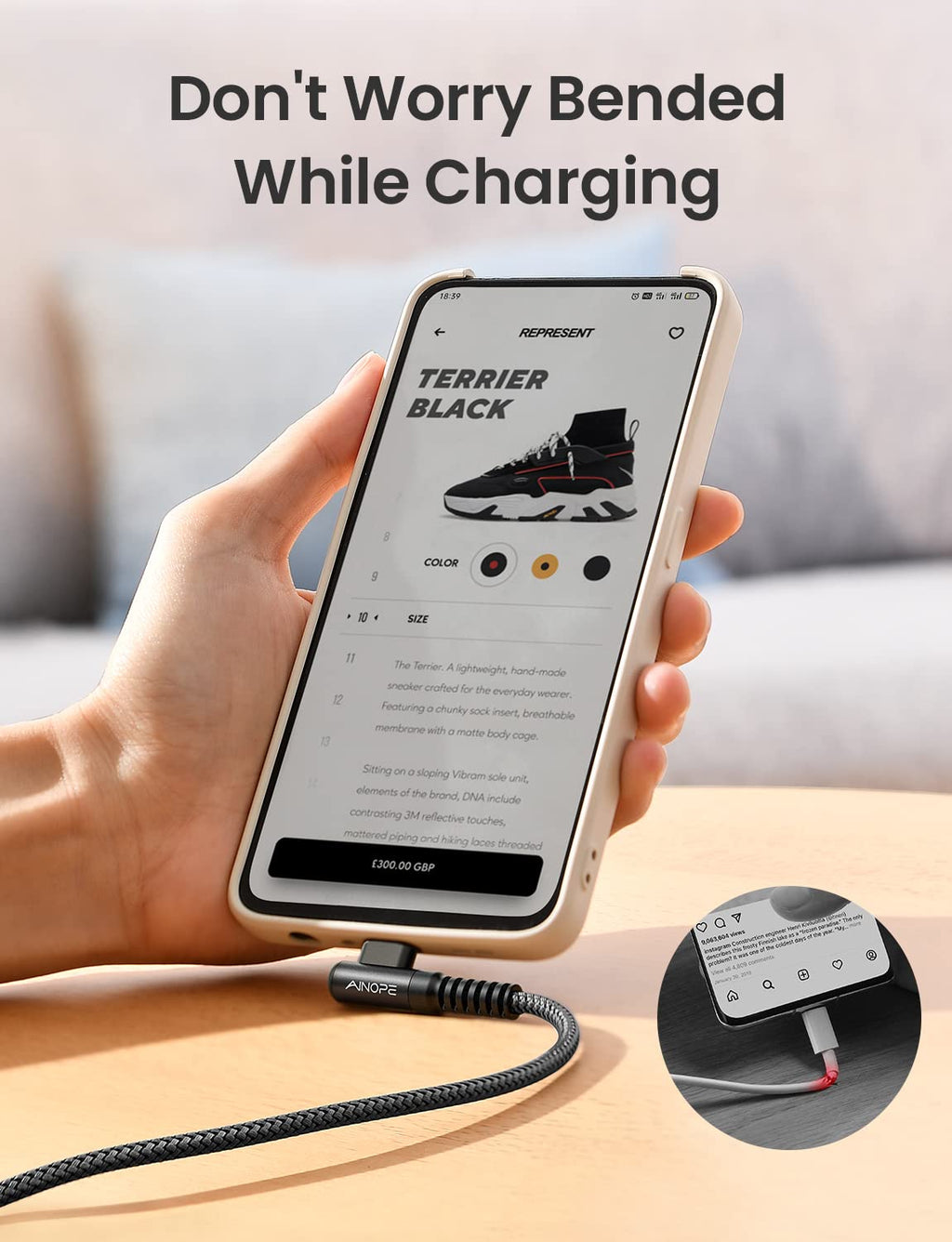 AINOPE 2-Pack 0.5ft USB C Cable, 3.1A Fast Charging, Right Angle, Durable Nylon Braided, Compatible with Galaxy S22 S21 Plus S20, Note 10 9 LG, Type C Charger