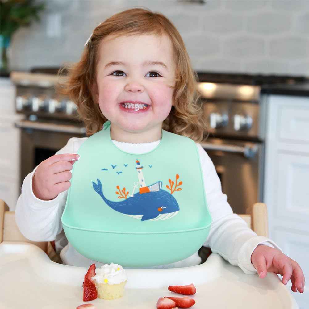 Vicloon Silicone Baby Bib, Baby Weaning Bibs, Waterproof Baby Feeding Bibs Adjustable with Wide Food Catcher Pocket Unisex Toddler Bibs