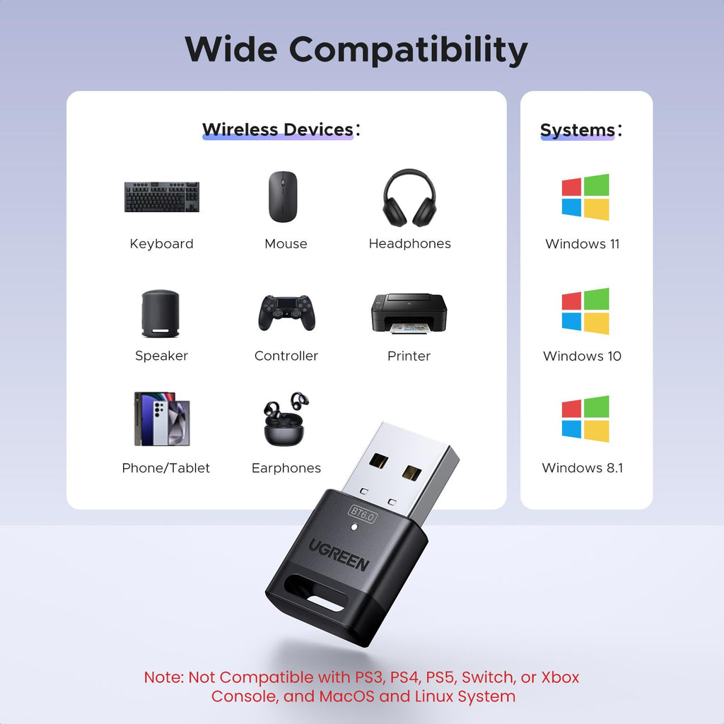 UGREEN Bluetooth 5.3 USB Adapter 328ft/100M Range for PC, Rotatable Antenna