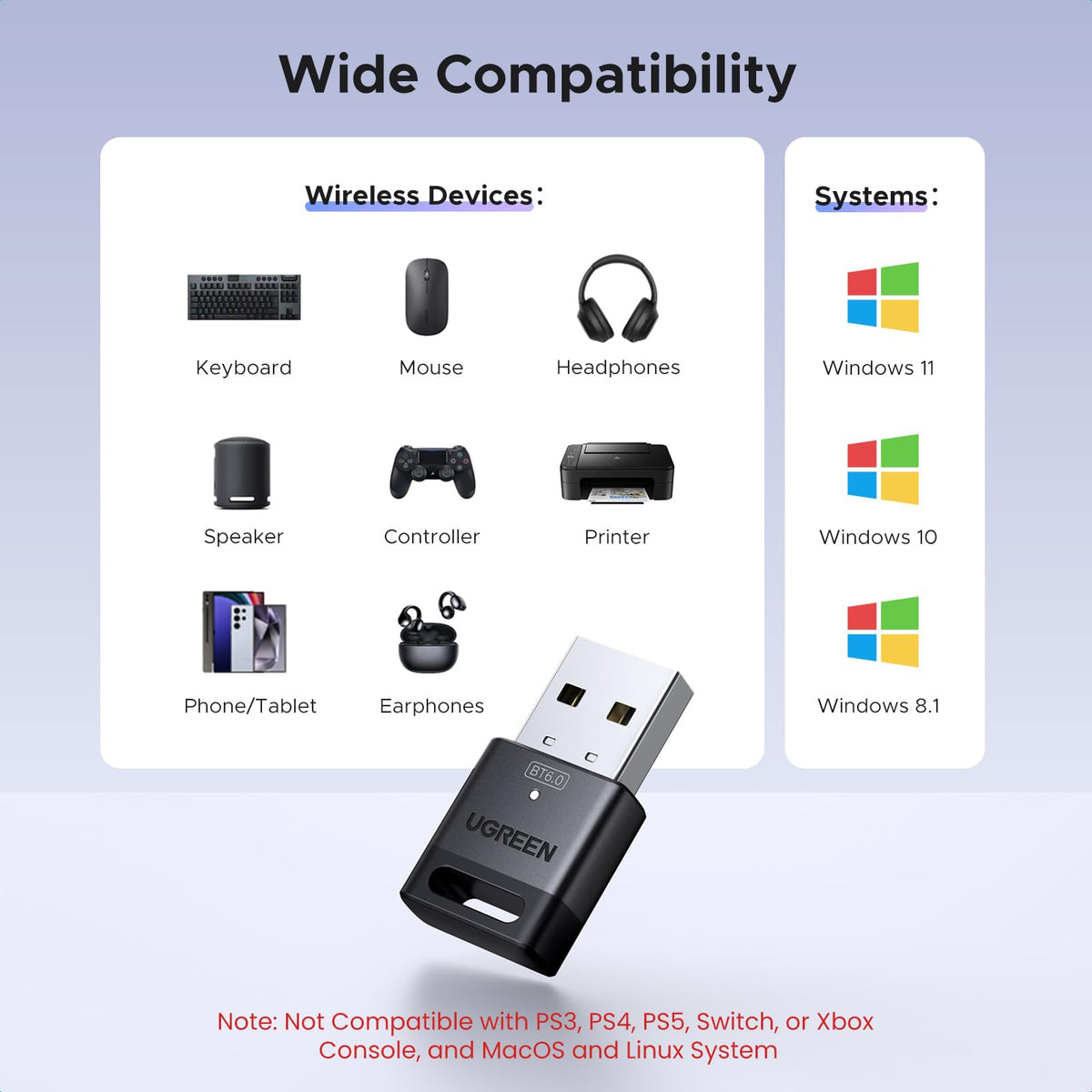 UGREEN Bluetooth 5.3 USB Adapter 328ft/100M Range for PC, Rotatable Antenna