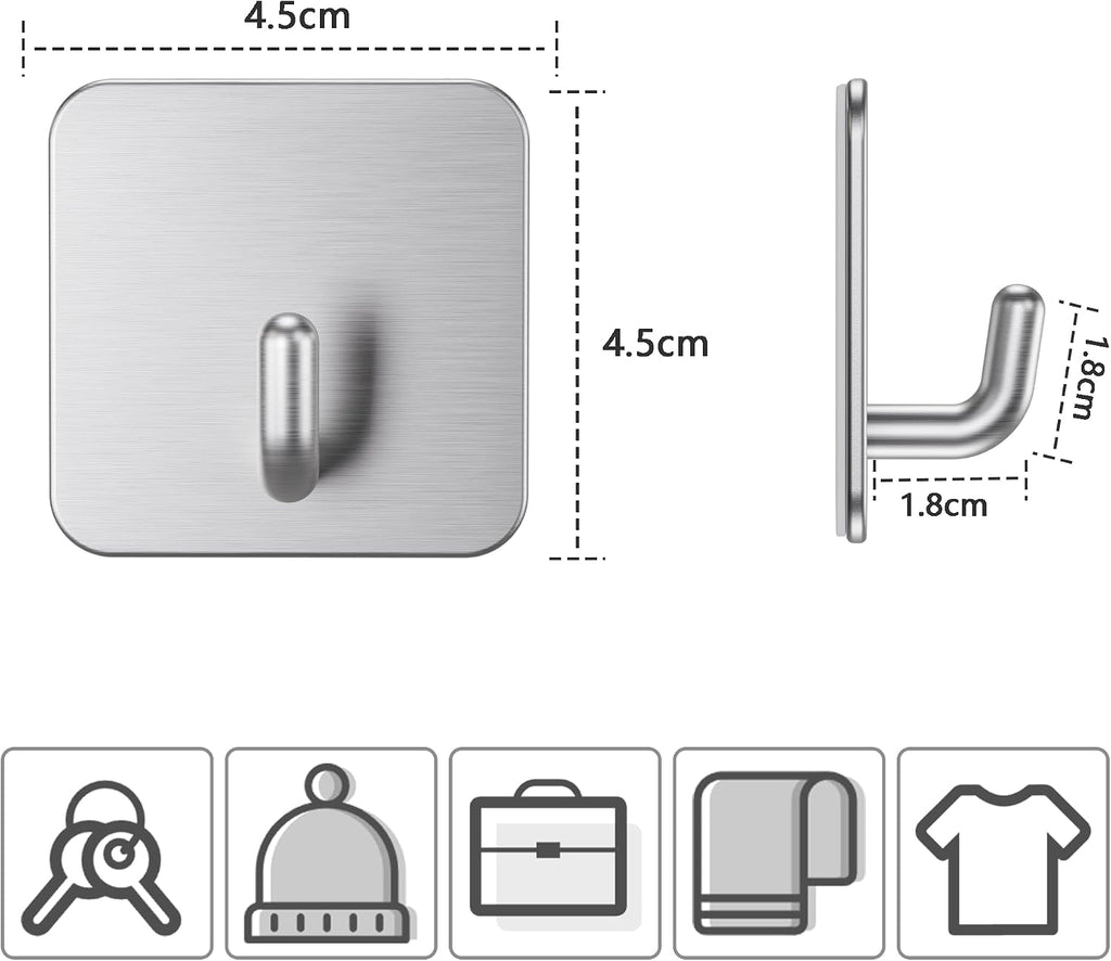 Aikzik 6 Pack Self Adhesive Hooks, Stainless Steel Sticky Hook Heavy Duty, Over 8kg Load - Hooks for Hanging for Towel, Coat, Key, Stick on Bathroom, Kitchen, Door and Wall