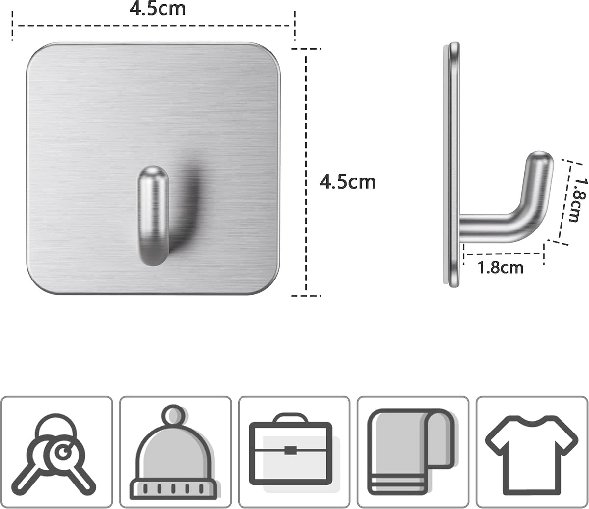 Aikzik 6 Pack Self Adhesive Hooks, Stainless Steel Sticky Hook Heavy Duty, Over 8kg Load - Hooks for Hanging for Towel, Coat, Key, Stick on Bathroom, Kitchen, Door and Wall