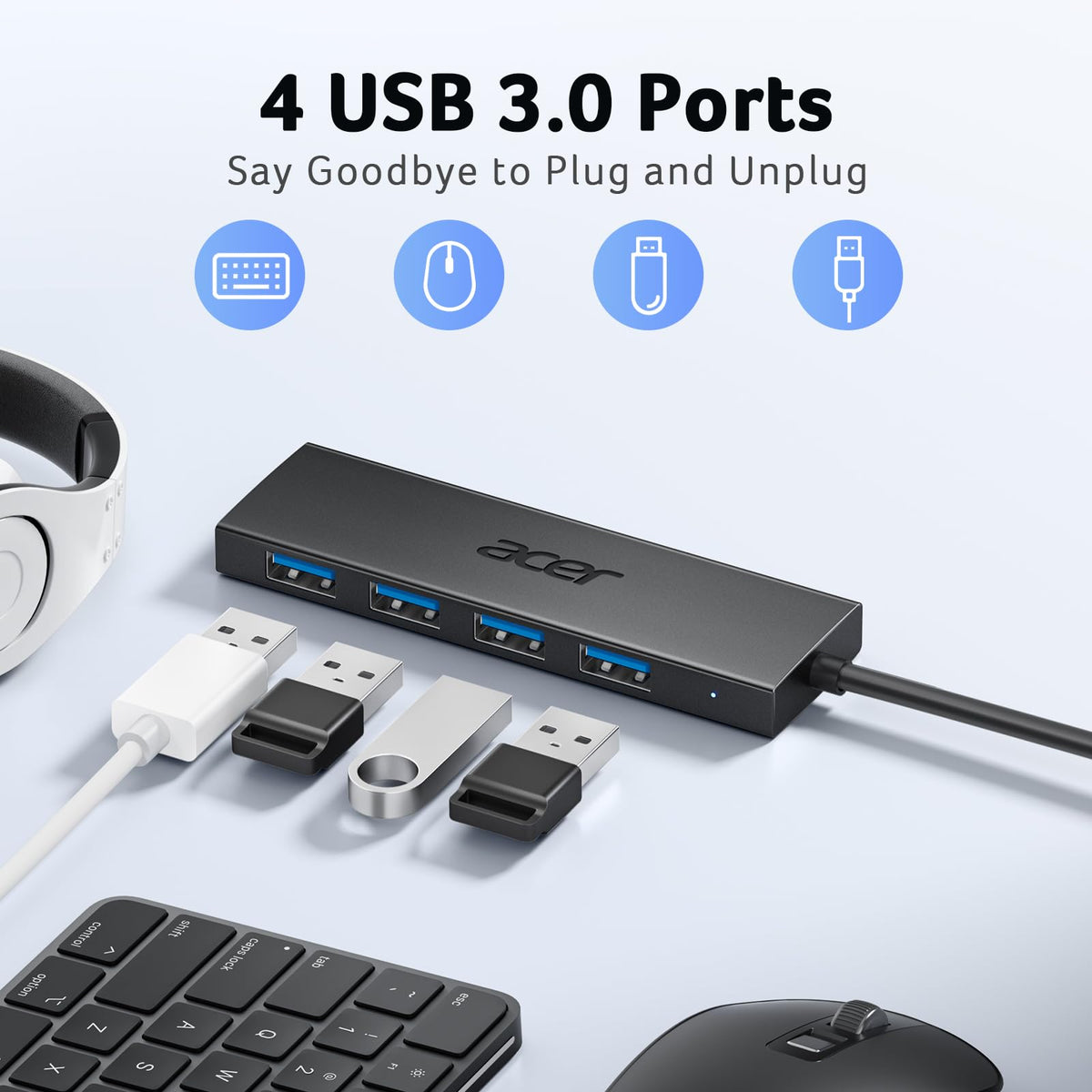 Acer USB Hub 3.0, Ultra Slim USB Adapter 4 Ports Splitter with Powered USBC
