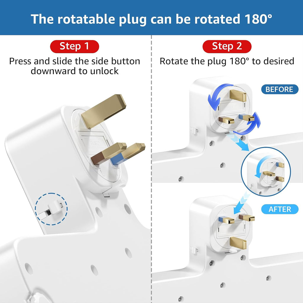 Plug Extension Socket, 4 Way Plug Adapter with 180 Degree Rotating UK Plug, 13A Fused Multi Plug Adaptor with 4 Independent Switches, Wall Socket Extension for Home Office Kitchen