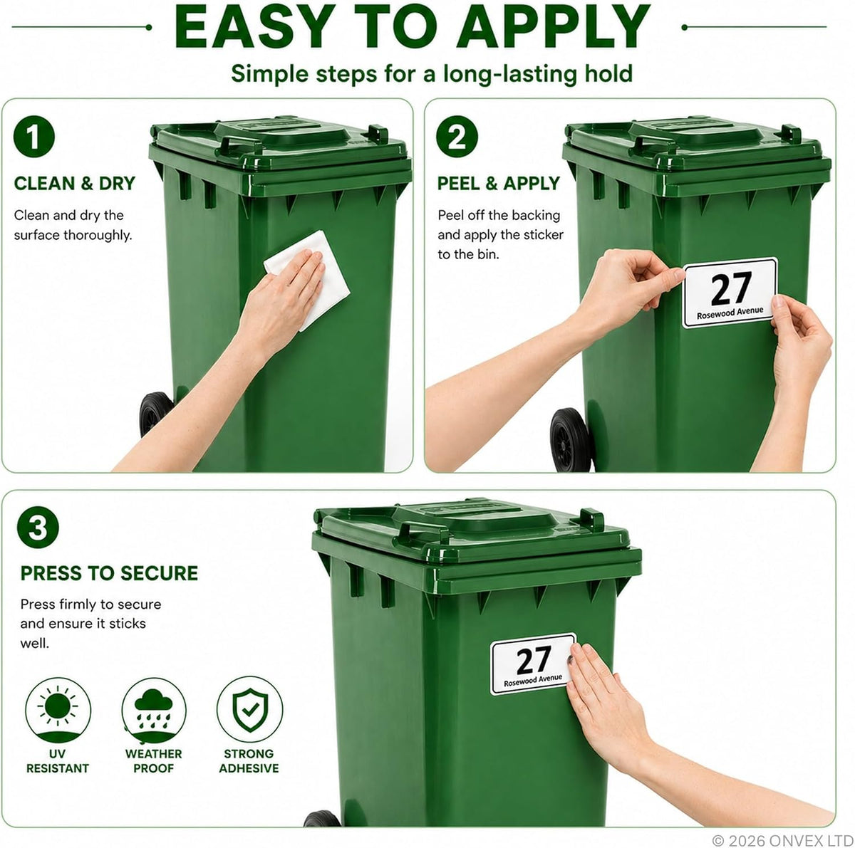 Set of 4 Personalised Wheelie Bin Stickers, Custom Bin Number Stickers with House Number and Street Name, Waterproof Labels for Rubbish and Recycling Bins, Easy Apply, 100 x 150mm (Style - Classic)
