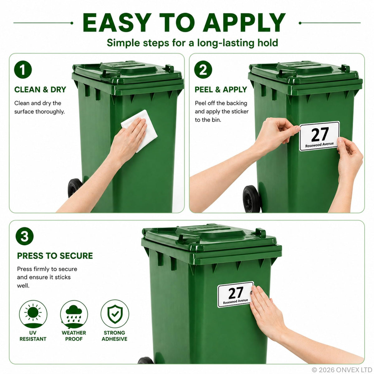 Set of 4 Personalised Wheelie Bin Stickers, Custom Bin Number Stickers with House Number and Street Name, Waterproof Labels for Rubbish and Recycling Bins, Easy Apply, 100 x 150mm (Style - Classic)