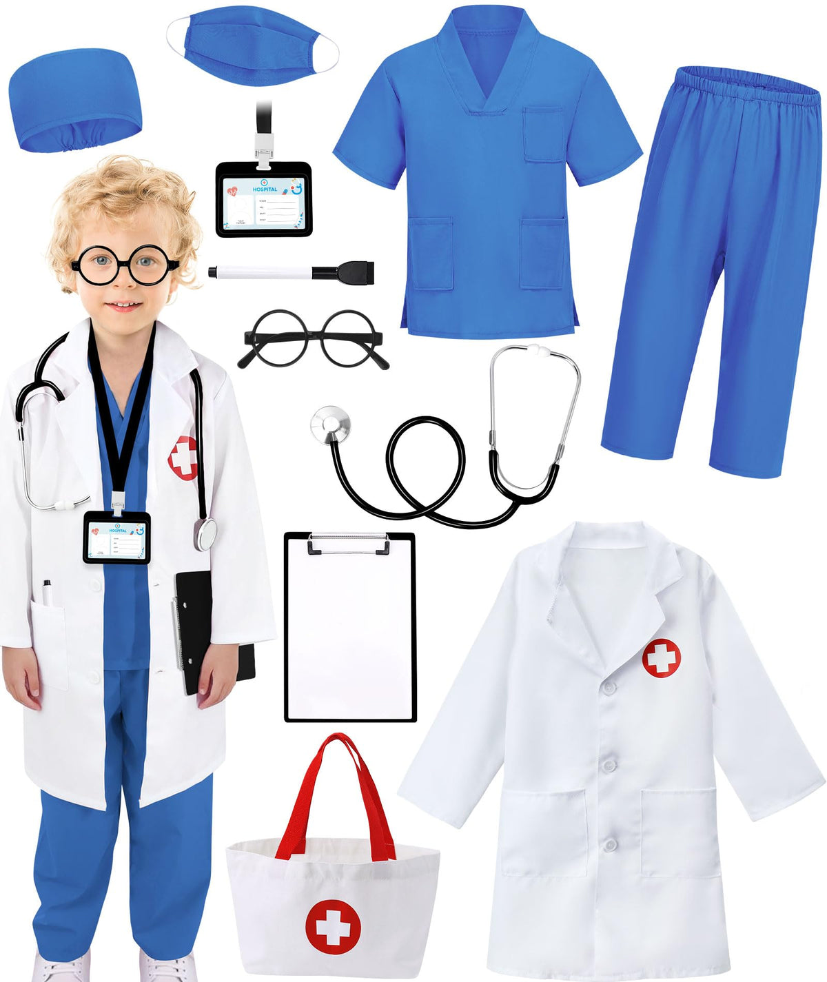 12 PCS Doctor Costume for Kids,Scrubs Nurse Costume for Girls Boys