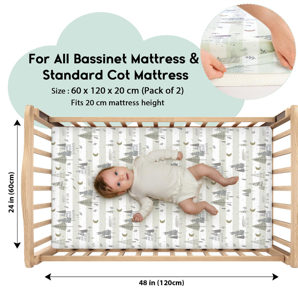 Yoofoss Travel Cot Fitted Sheets 65 x 95 cm, Compatible with Graco, Red Kite, Joie, Deryan Cots, Cozy Breathable Stretchy Microfiber Mattress Sheet, 2 Pack, Green Giraffes
