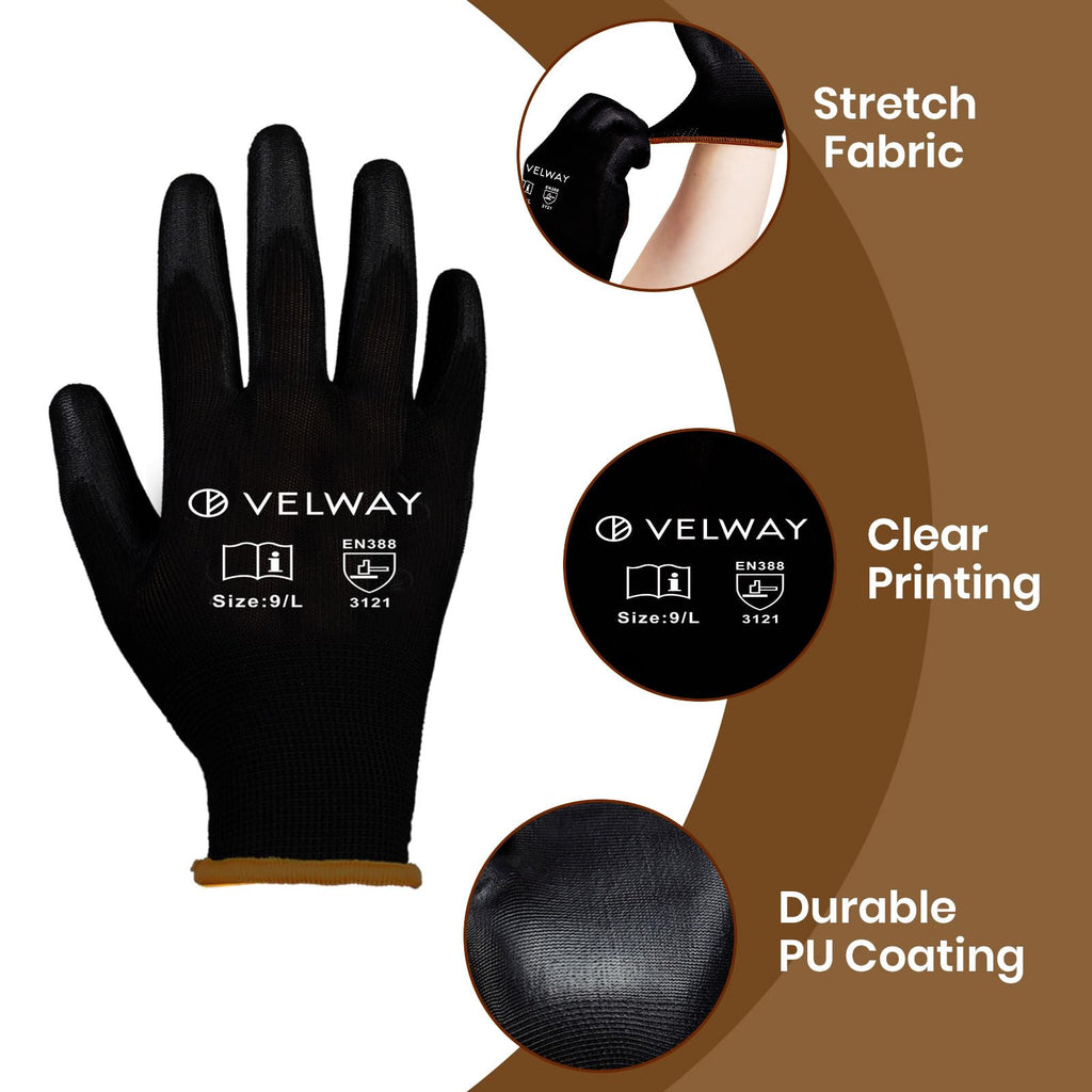 Velway 12 Pairs Work Gloves PU Coated for Men Women, Red, Size 9/L