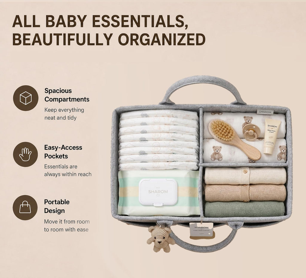 Essential Baby Caddy for Newborns. Spacious, Sturdy & Portable Diaper and Nappy Caddy for Newborn Essentials, Nursery Storage Basket & Organiser for Baby Shower Gifts & Registry Must-Haves Grey
